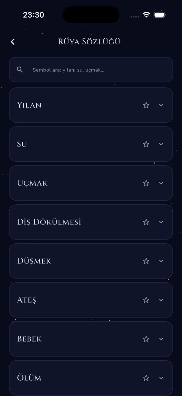 Günlük Kahin uygulamasında rüya sözlüğü ekranı
