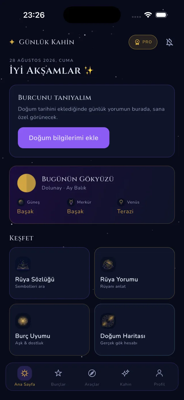 Günlük Kahin uygulamasının ana ekranı: günün gökyüzü, gezegen konumları ve keşfet kartları